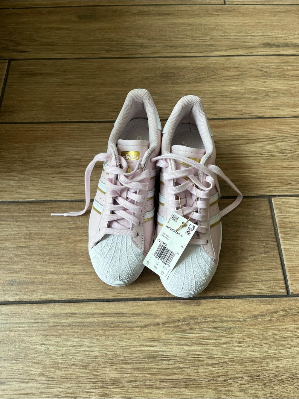 adidas Women's Light Pink and White Shell-Toe Sneakers with Gold Accents
